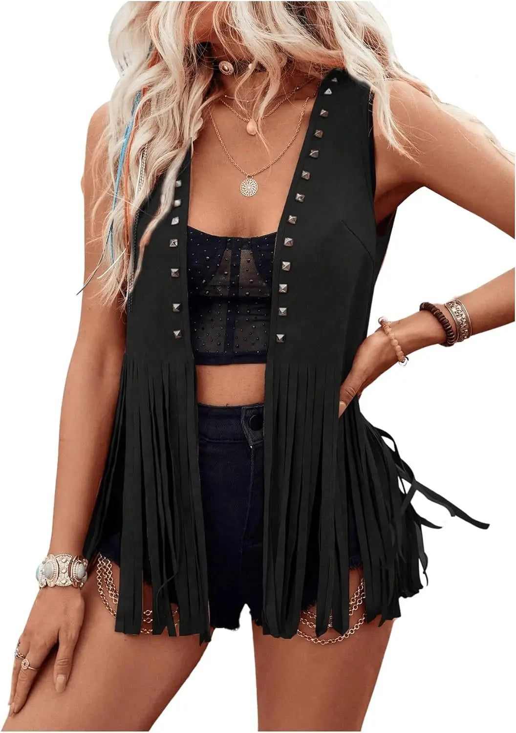 Rivet Tassel Open Front Sleeveless Faux Suede Vest
