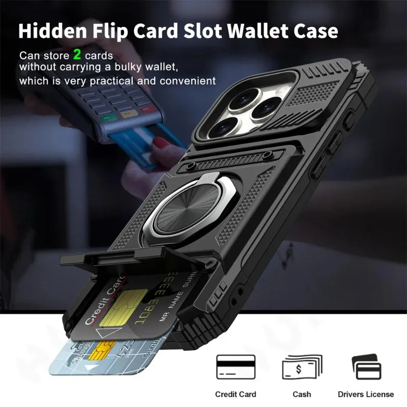 Phone Case For iPhone 16 15 14 13 12 11 Pro Max XS XR 8 7 Plus Magnetic Rotated Ring Kickstand Heavy Duty Drop Protection Wallet Cover
