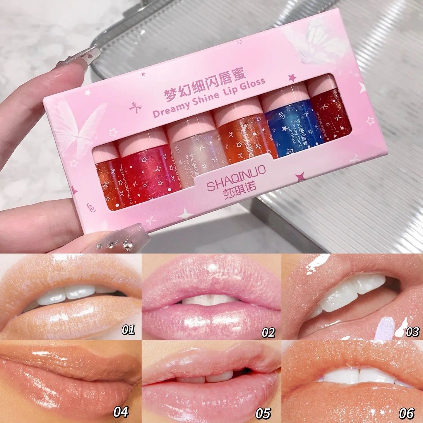 Shimmery Glitter Moisturizing Lip Gloss Set 6 Colors Highly Pigmented Fine Shine Long Wear Cute Lipgloss Set