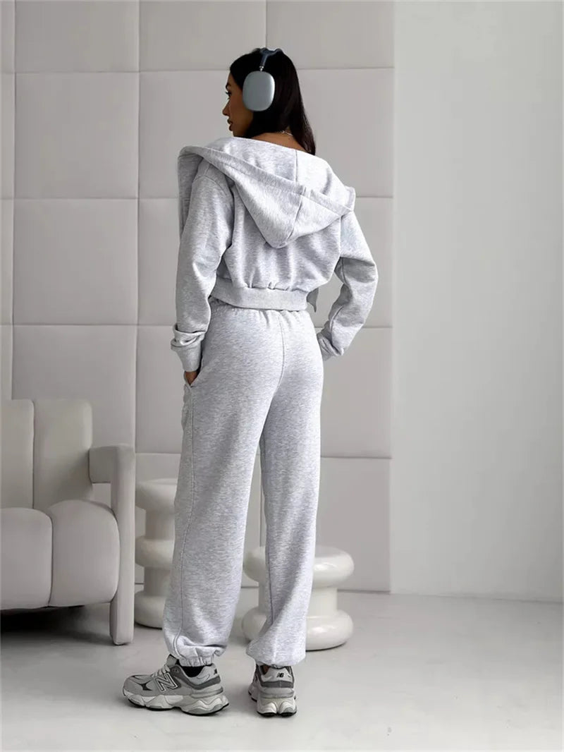 Sweatshirt Two-piece Suit Women's Casual Sports Sets Sexy High-waist Hoodies Short Zip-up Jacket Straight Trousers 2-piece Sets