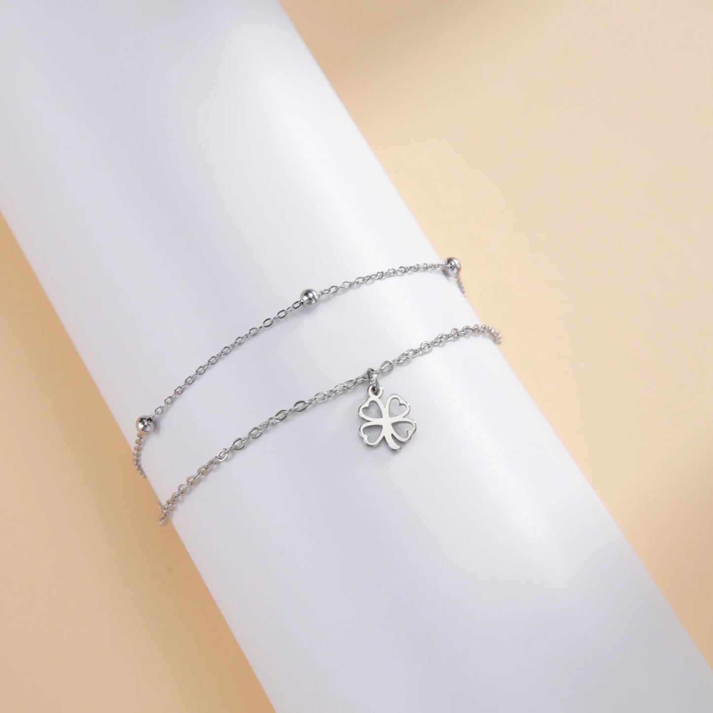 Sipuris  Four Leaf Clover Bracelet For Women Stainless Steel Trendy Double Chain Lucky Amulet Pendant Jewelry Christmas Gifts