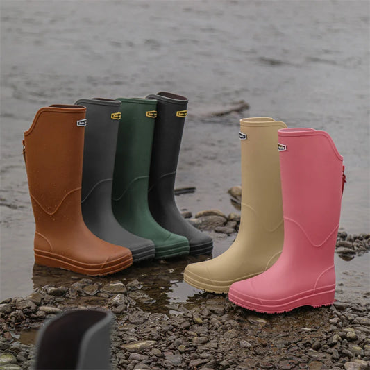 Couple's Rain Boots: High-cylinder, Stylish for Outdoor Wear, Flat-soled Water Shoes, Waterproof Galoshes, Camping Long Boots, C