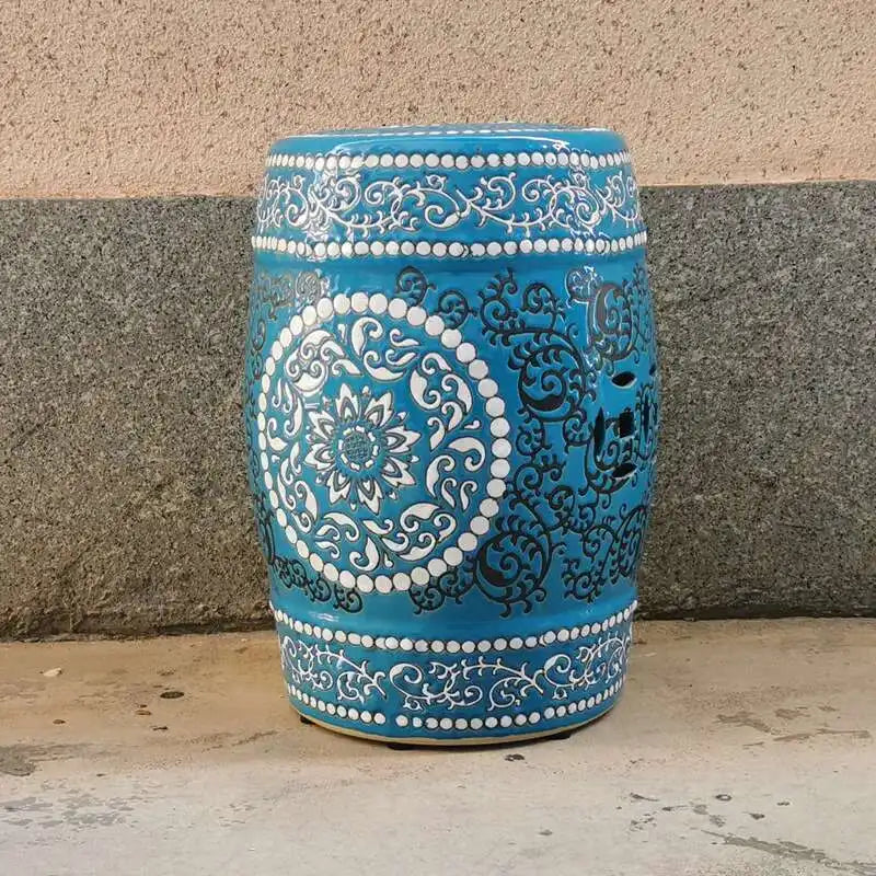 Hand Drawn Blue and White Porcelain Shoe Changing Stool Ceramic Drum Bathroom Neoclassical Imitation Sitting Stool Low Round