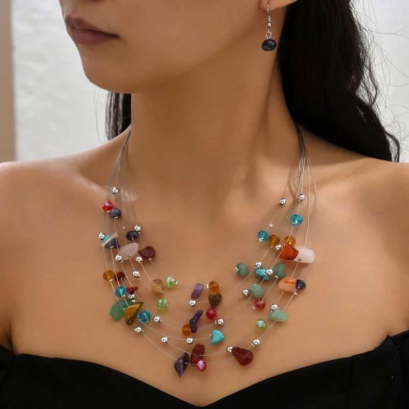 Multilayer Natural Stone Ethnic Necklace Earrings Set