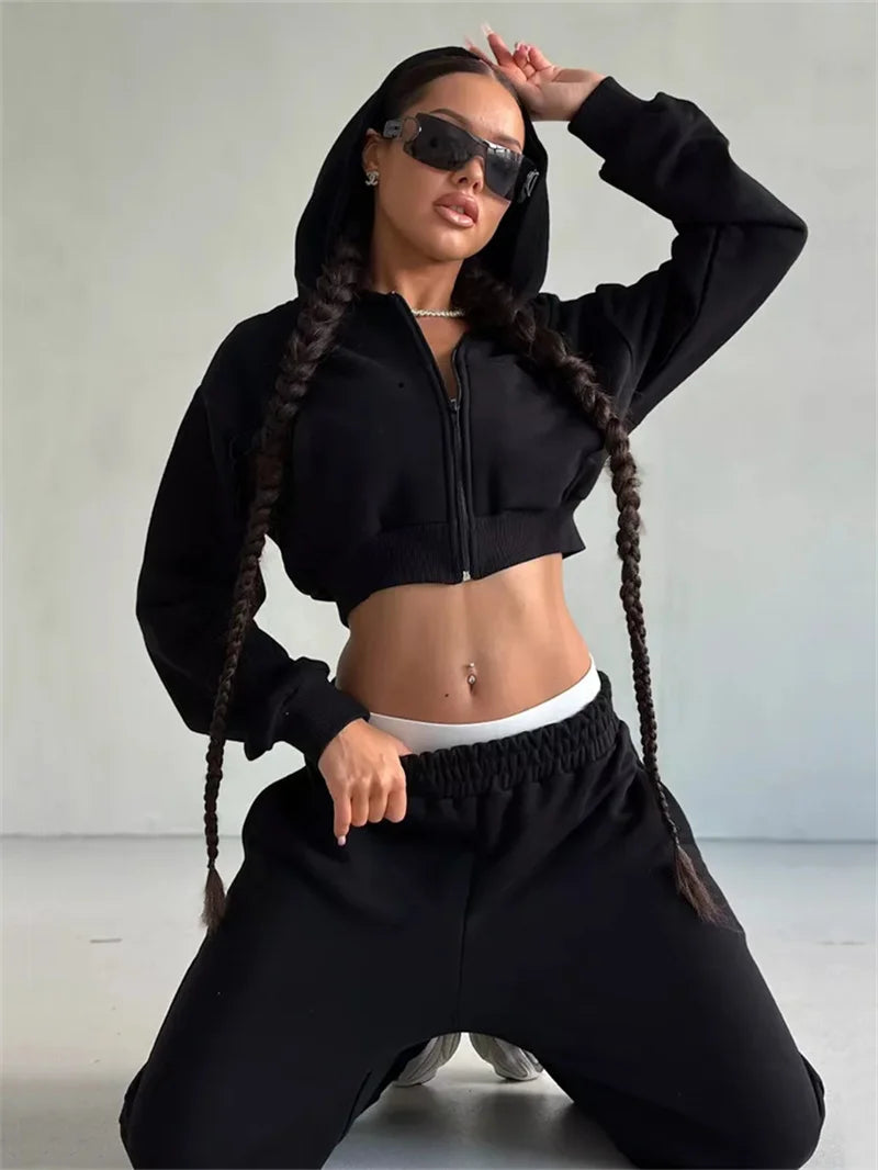 Sweatshirt Two-piece Suit Women's Casual Sports Sets Sexy High-waist Hoodies Short Zip-up Jacket Straight Trousers 2-piece Sets