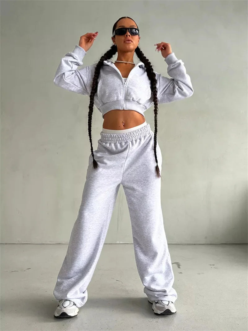 Sweatshirt Two-piece Suit Women's Casual Sports Sets Sexy High-waist Hoodies Short Zip-up Jacket Straight Trousers 2-piece Sets