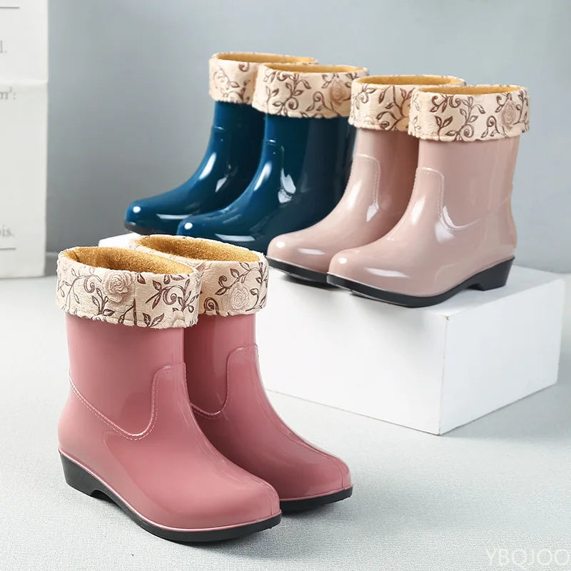 2025 Four Season Fashionable Fleece Warm Midsole Women's Rain Boots Waterproof Anti Slip Wear-resistant Women's Work Rain Boots