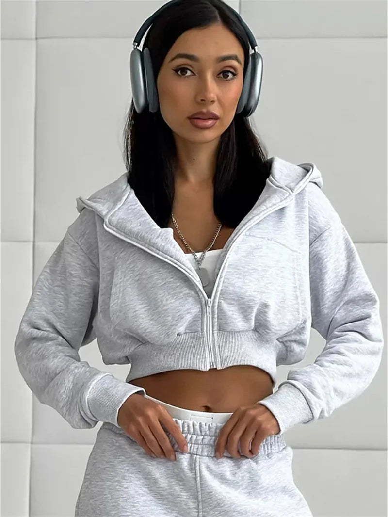 Sweatshirt Two-piece Suit Women's Casual Sports Sets Sexy High-waist Hoodies Short Zip-up Jacket Straight Trousers 2-piece Sets