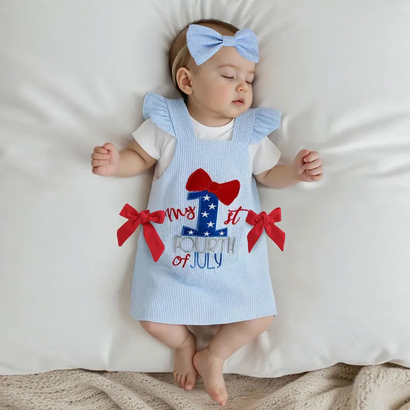 Infant Girls American Flag Romper with Matching Plaid Dress and Headband - Patriotic 3 Piece Outfit Set for Baby Girl