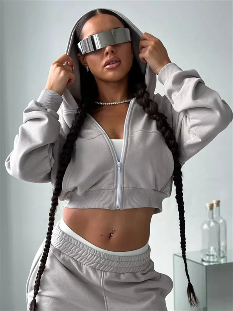Sweatshirt Two-piece Suit Women's Casual Sports Sets Sexy High-waist Hoodies Short Zip-up Jacket Straight Trousers 2-piece Sets