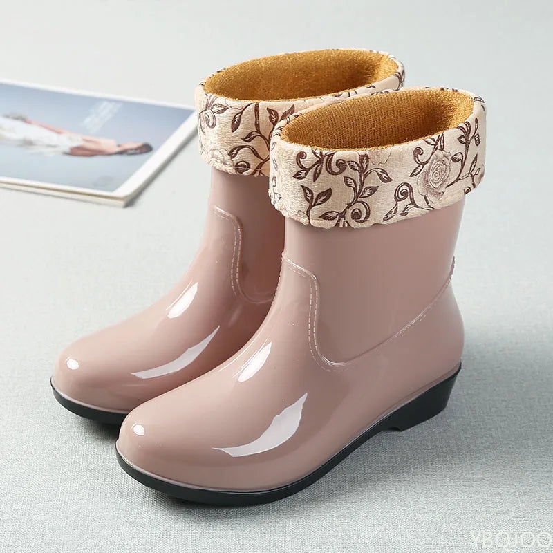 2025 Four Season Fashionable Fleece Warm Midsole Women's Rain Boots Waterproof Anti Slip Wear-resistant Women's Work Rain Boots