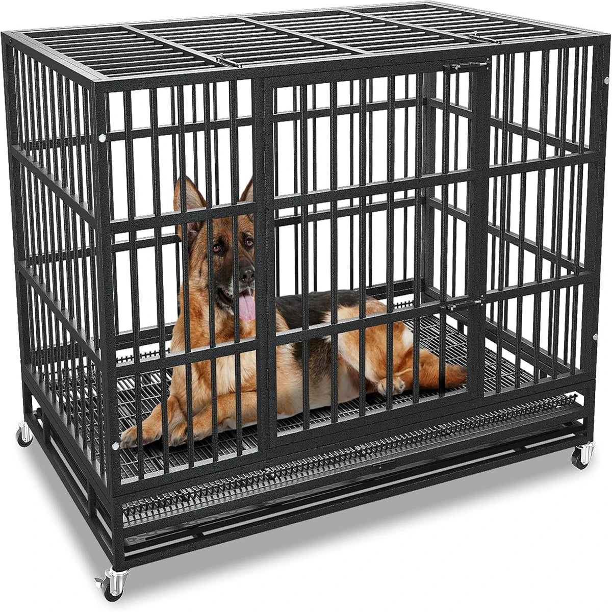 42.5  Inch Heavy Duty Dog Crate Cage with Wheels, Indestructible and Escape Proof Steel Kennel Indoor for High Anxiety Dogs