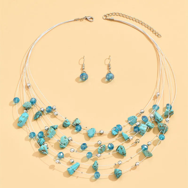 Multilayer Natural Stone Ethnic Necklace Earrings Set