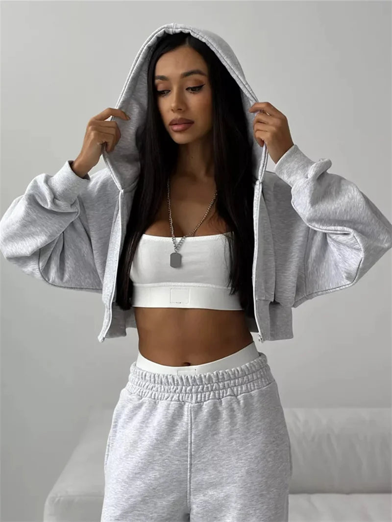 Sweatshirt Two-piece Suit Women's Casual Sports Sets Sexy High-waist Hoodies Short Zip-up Jacket Straight Trousers 2-piece Sets