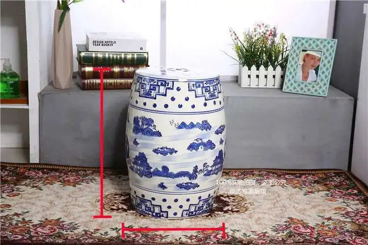 Hand Drawn Blue and White Porcelain Shoe Changing Stool Ceramic Drum Bathroom Neoclassical Imitation Sitting Stool Low Round