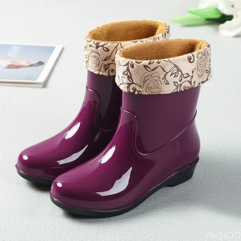2025 Four Season Fashionable Fleece Warm Midsole Women's Rain Boots Waterproof Anti Slip Wear-resistant Women's Work Rain Boots