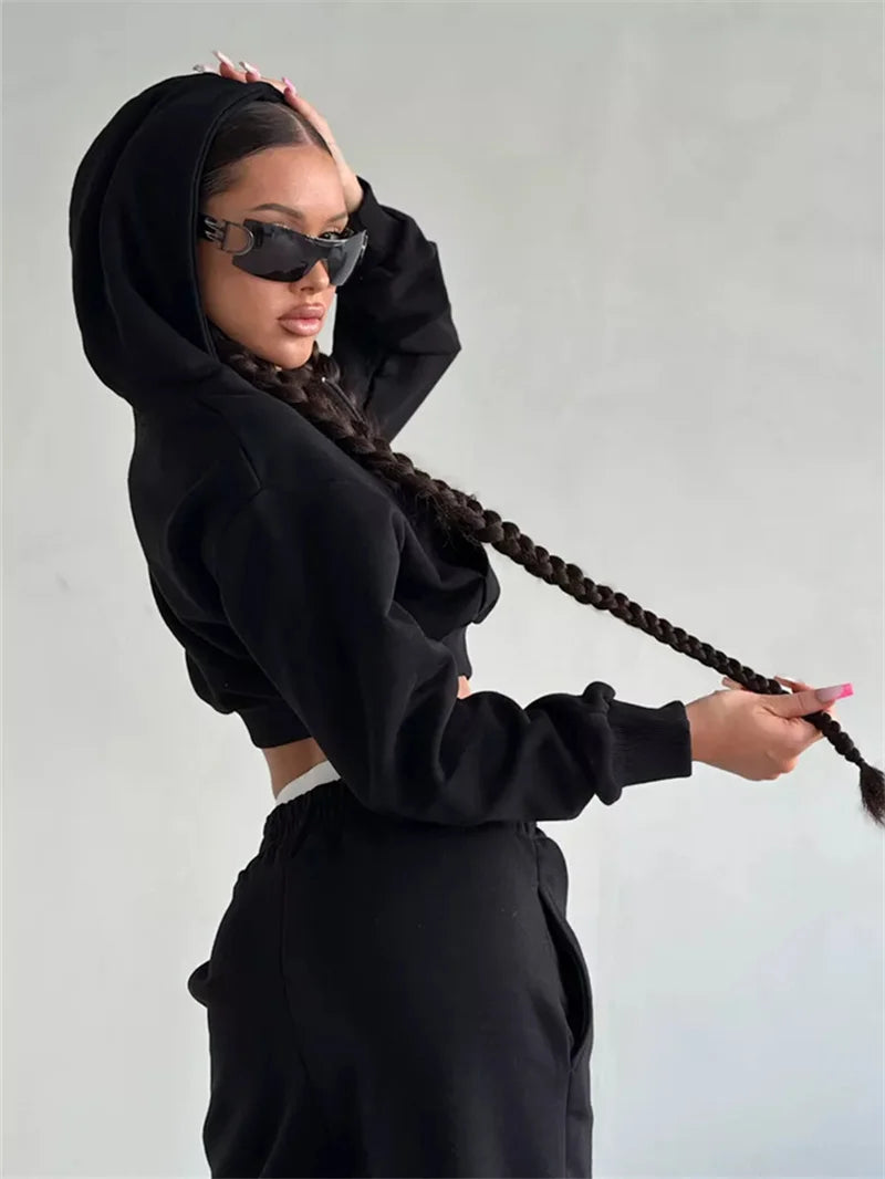 Sweatshirt Two-piece Suit Women's Casual Sports Sets Sexy High-waist Hoodies Short Zip-up Jacket Straight Trousers 2-piece Sets