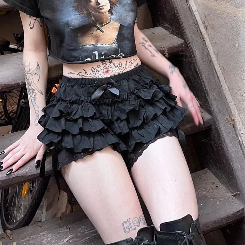 Gothic  Lolita Lace Shorts Women Black Aesthetic Cute Sweet Bow Ruffle Bloomers Shorts Y2k E-girl Kawaii Frilly Panties