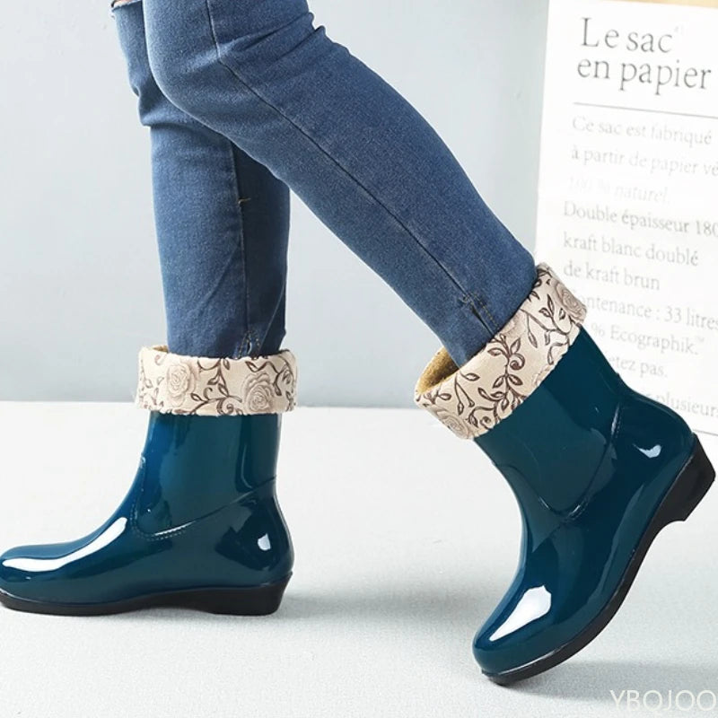 2025 Four Season Fashionable Fleece Warm Midsole Women's Rain Boots Waterproof Anti Slip Wear-resistant Women's Work Rain Boots