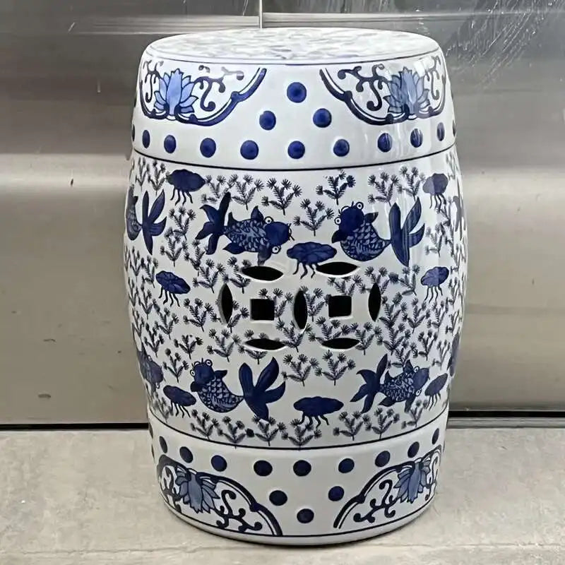 Hand Drawn Blue and White Porcelain Shoe Changing Stool Ceramic Drum Bathroom Neoclassical Imitation Sitting Stool Low Round