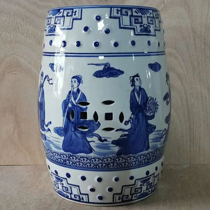 Hand Drawn Blue and White Porcelain Shoe Changing Stool Ceramic Drum Bathroom Neoclassical Imitation Sitting Stool Low Round
