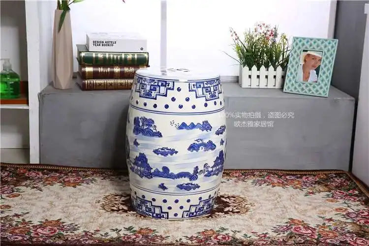 Hand Drawn Blue and White Porcelain Shoe Changing Stool Ceramic Drum Bathroom Neoclassical Imitation Sitting Stool Low Round