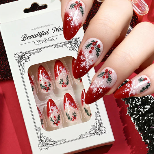 24pcs Snowflake Almond Shaped Press On Nails Christmas Snowflake Berry Gradient Red French False Nails Xmas New Year Nails Tips