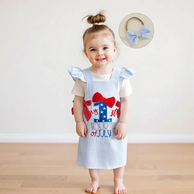 Infant Girls American Flag Romper with Matching Plaid Dress and Headband - Patriotic 3 Piece Outfit Set for Baby Girl