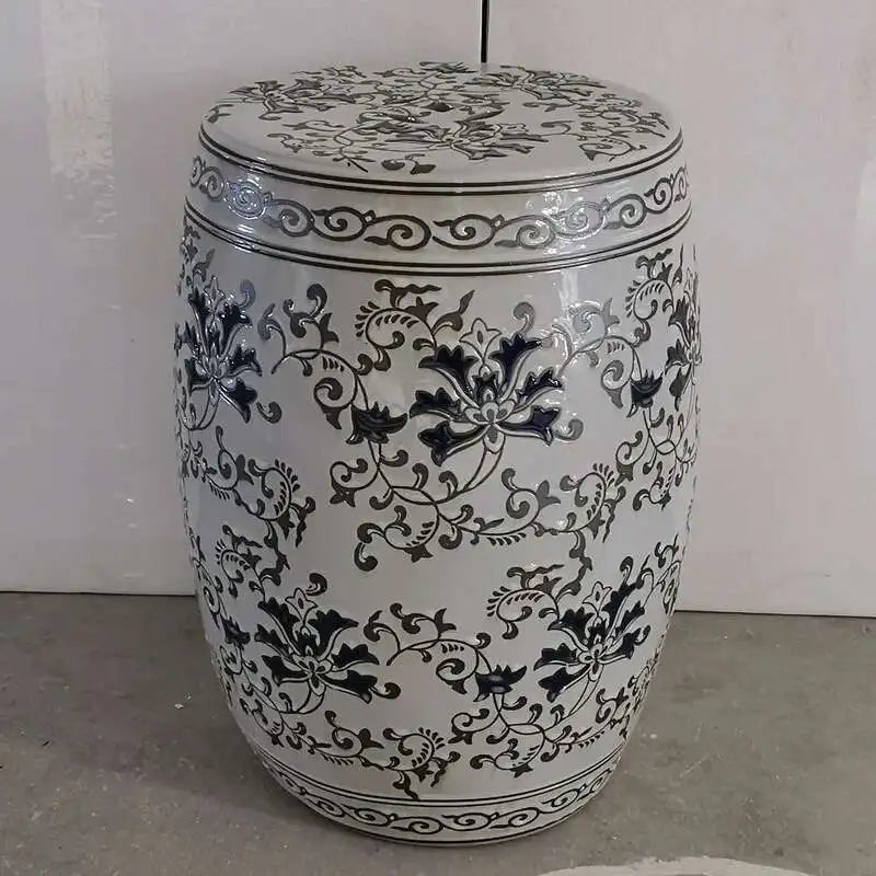 Hand Drawn Blue and White Porcelain Shoe Changing Stool Ceramic Drum Bathroom Neoclassical Imitation Sitting Stool Low Round
