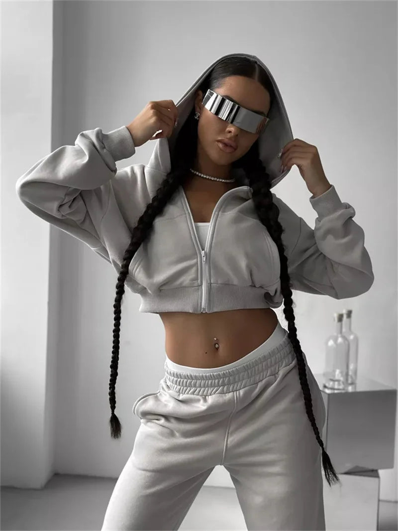 Sweatshirt Two-piece Suit Women's Casual Sports Sets Sexy High-waist Hoodies Short Zip-up Jacket Straight Trousers 2-piece Sets