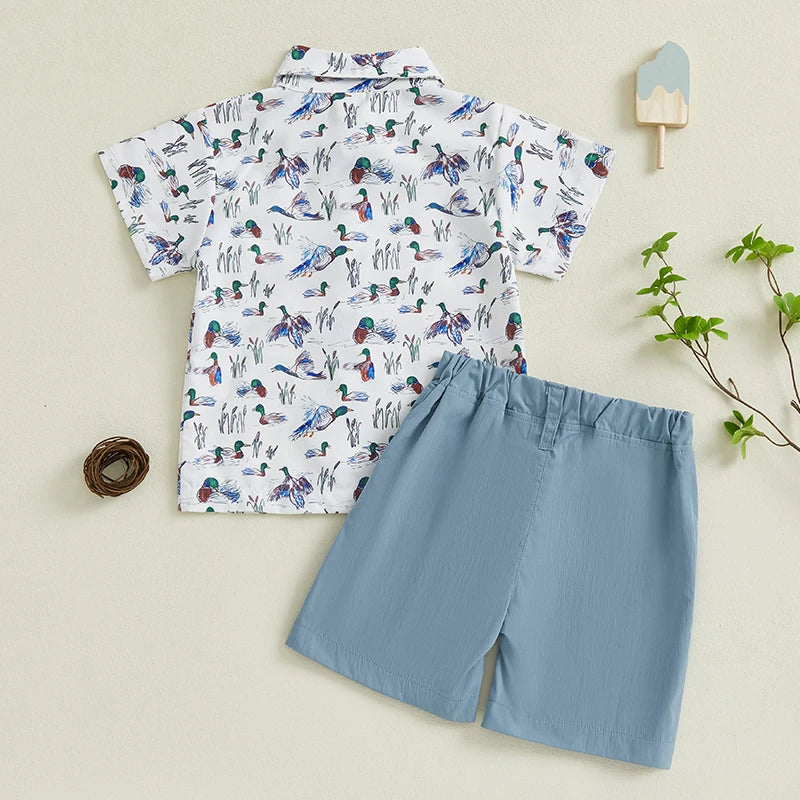 Baby Boy Dinosaur Print Short Sleeve Collared Shirt with Denim Shorts 2Pcs Set