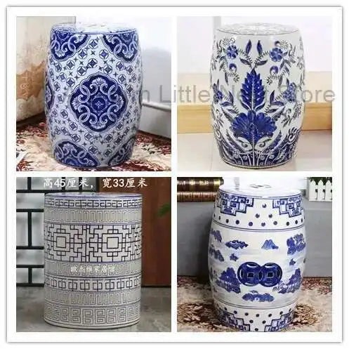Hand Drawn Blue and White Porcelain Shoe Changing Stool Ceramic Drum Bathroom Neoclassical Imitation Sitting Stool Low Round