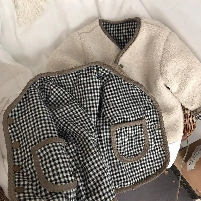 New Autumn and Winter New Warm Jacket Children Two Sides Wear Plaid Plush Jacket Kids Jackets Winter Clothes for Girls