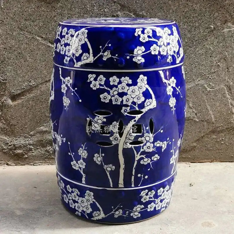 Hand Drawn Blue and White Porcelain Shoe Changing Stool Ceramic Drum Bathroom Neoclassical Imitation Sitting Stool Low Round