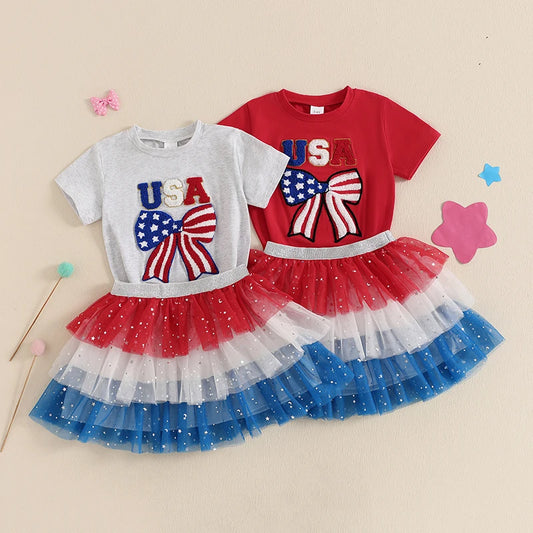 Toddler Girl 4th of July Outfit – Top & Mesh Skirt 2-Piece Set