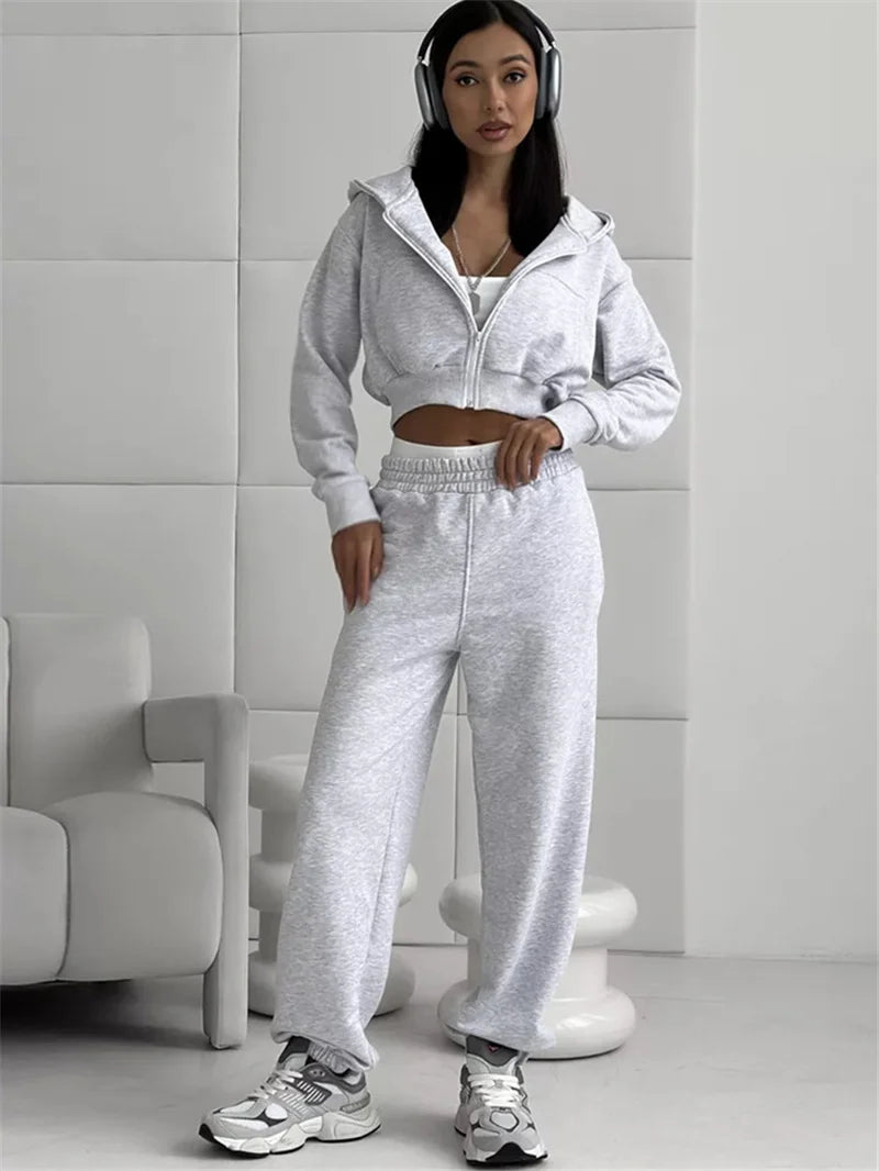 Sweatshirt Two-piece Suit Women's Casual Sports Sets Sexy High-waist Hoodies Short Zip-up Jacket Straight Trousers 2-piece Sets