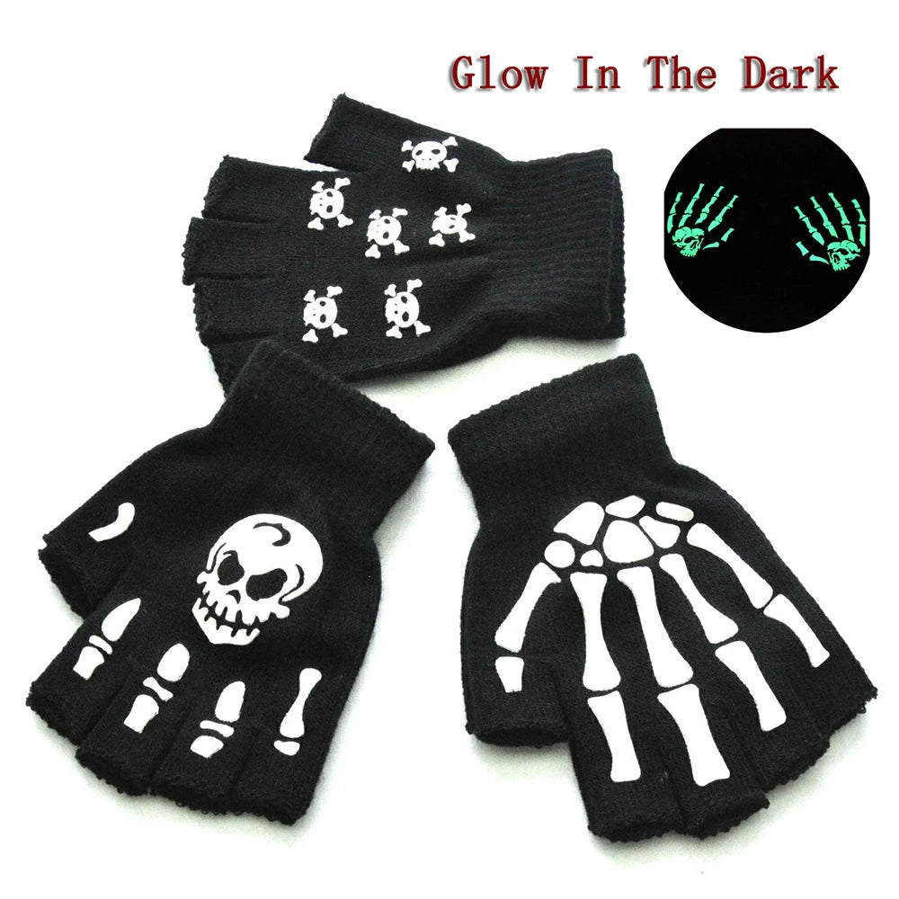 Luminous Gloves Childs Halloween Supplies For Winter Hand Warmer Bone Skull Grimace Mitten Non Slip Horror Hand Keep Warm Gloves