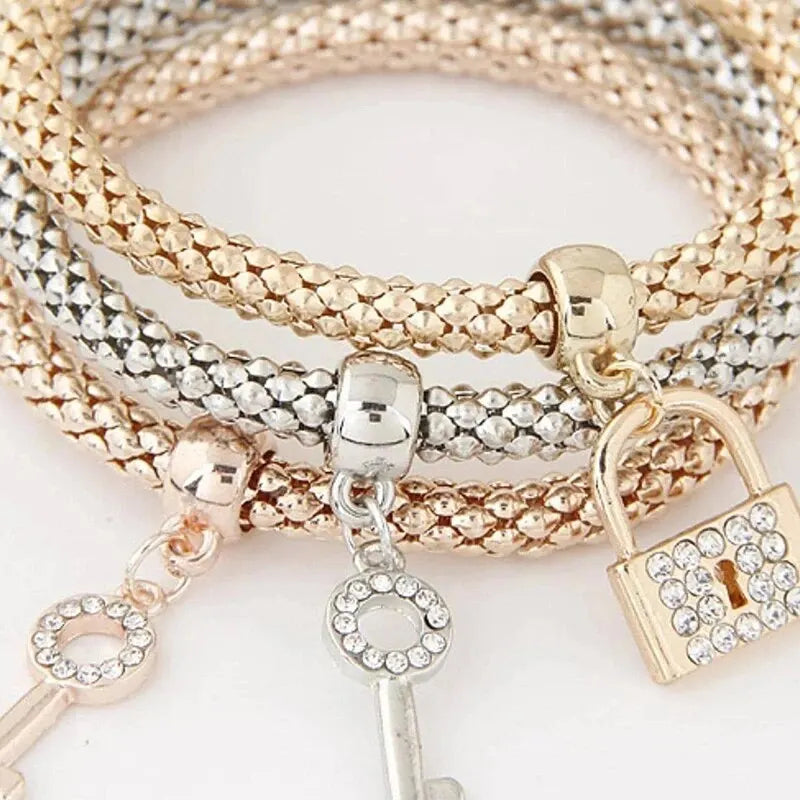 Rose Gold Plating Silver Color Chain Charm Bangle Jewelry Set