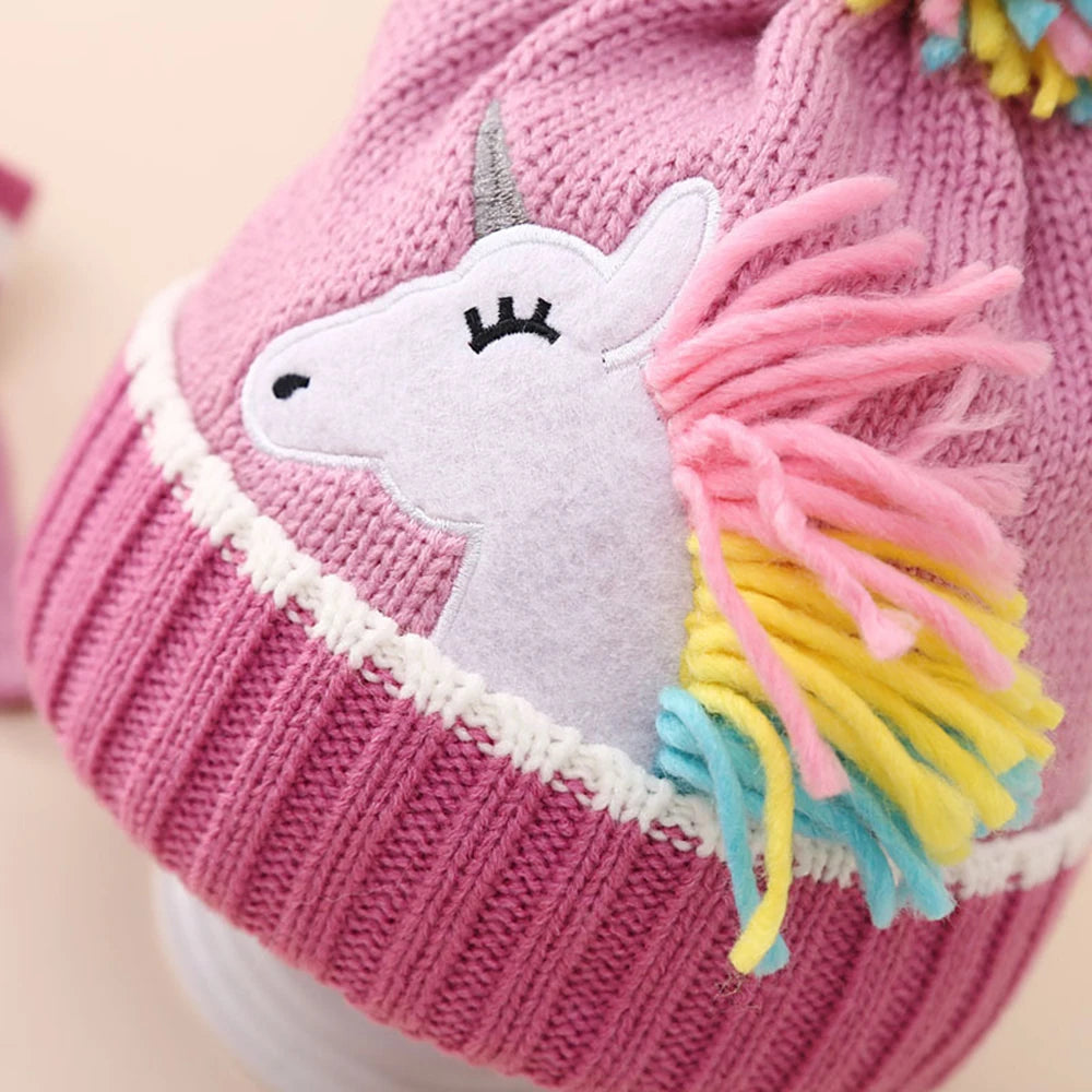 Children's Winter Caps Cartoon Unicorn Knitted Hat Gloves Set Winter Girls' Warm Beanie Mitten Set For Kids 2-6 Years