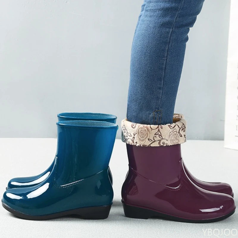 2025 Four Season Fashionable Fleece Warm Midsole Women's Rain Boots Waterproof Anti Slip Wear-resistant Women's Work Rain Boots