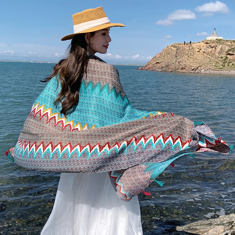 Design Brand Women Scarf Sunscreen Cotton Shawls Dual-Use Summer Autumn Long Scarves Seaside Holiday Beach Towel Beachwear Veils