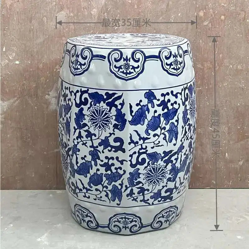 Hand Drawn Blue and White Porcelain Shoe Changing Stool Ceramic Drum Bathroom Neoclassical Imitation Sitting Stool Low Round