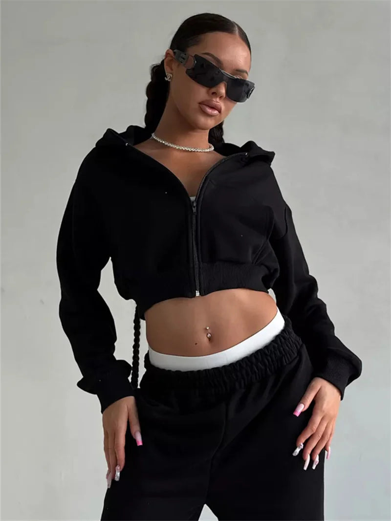 Sweatshirt Two-piece Suit Women's Casual Sports Sets Sexy High-waist Hoodies Short Zip-up Jacket Straight Trousers 2-piece Sets