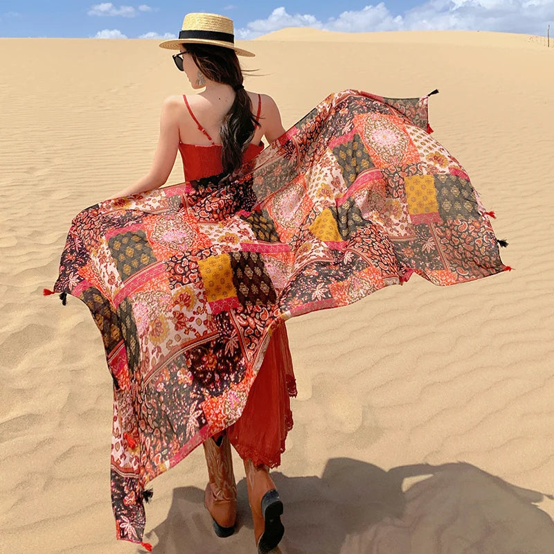 Design Brand Women Scarf Sunscreen Cotton Shawls Dual-Use Summer Autumn Long Scarves Seaside Holiday Beach Towel Beachwear Veils