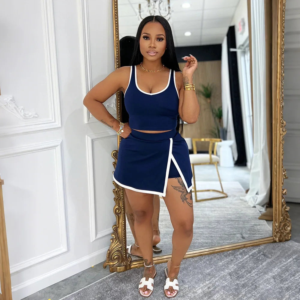Contrast Tennis Skirt 2 Pieces Set for Woman 2025 Summer Outfits Tank Top and Skort Suit Active Sexy Matching Two Piece Sets