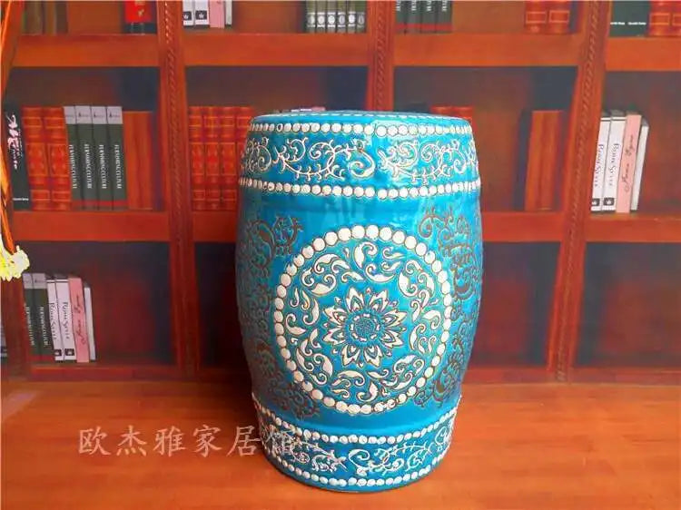 Hand Drawn Blue and White Porcelain Shoe Changing Stool Ceramic Drum Bathroom Neoclassical Imitation Sitting Stool Low Round