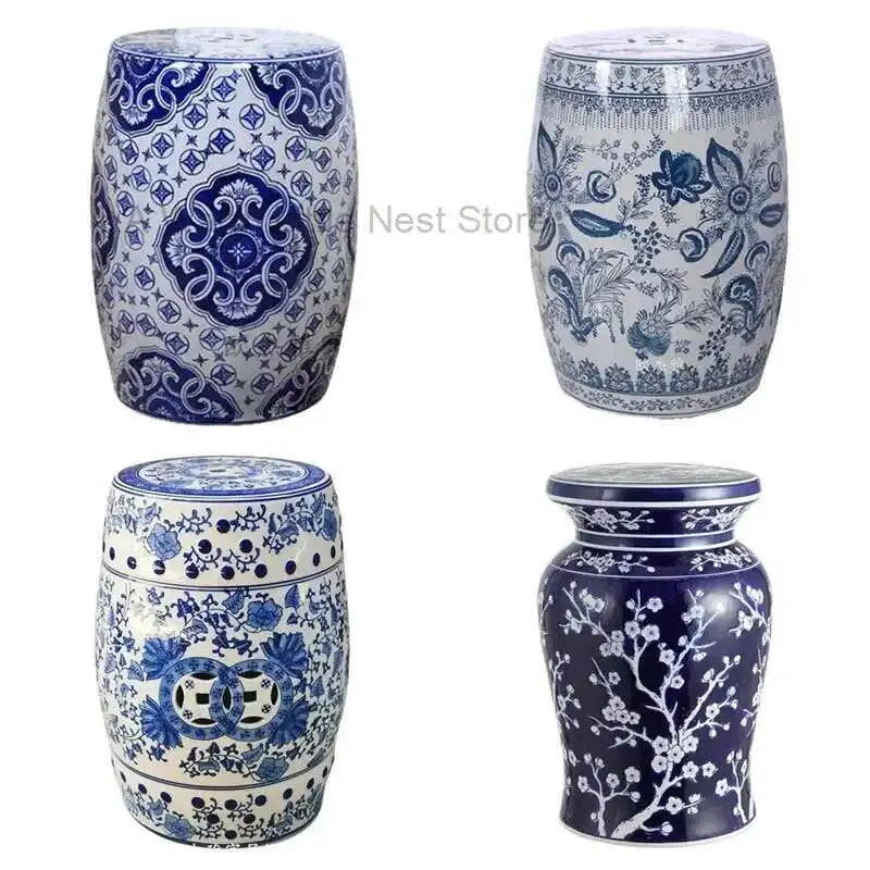 Hand Drawn Blue and White Porcelain Shoe Changing Stool Ceramic Drum Bathroom Neoclassical Imitation Sitting Stool Low Round
