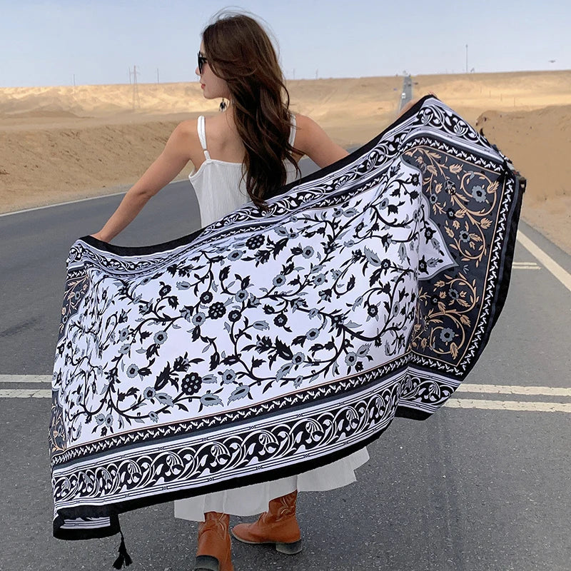 Design Brand Women Scarf Sunscreen Cotton Shawls Dual-Use Summer Autumn Long Scarves Seaside Holiday Beach Towel Beachwear Veils