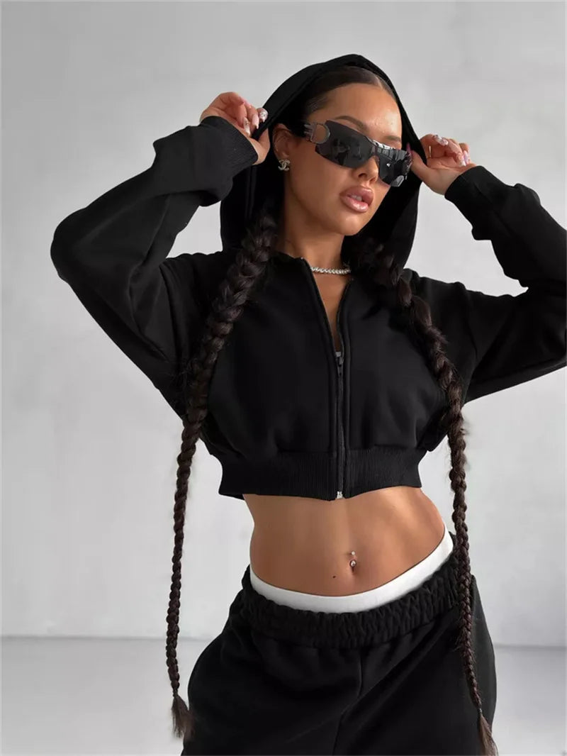 Sweatshirt Two-piece Suit Women's Casual Sports Sets Sexy High-waist Hoodies Short Zip-up Jacket Straight Trousers 2-piece Sets