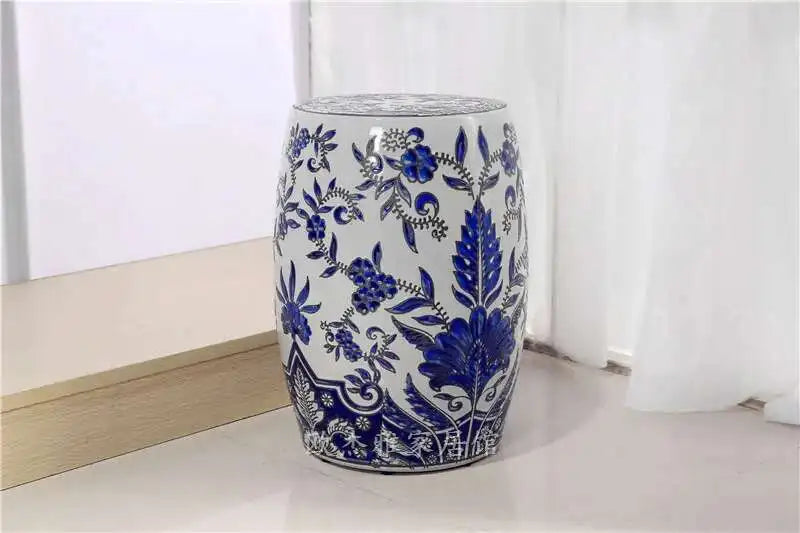Hand Drawn Blue and White Porcelain Shoe Changing Stool Ceramic Drum Bathroom Neoclassical Imitation Sitting Stool Low Round